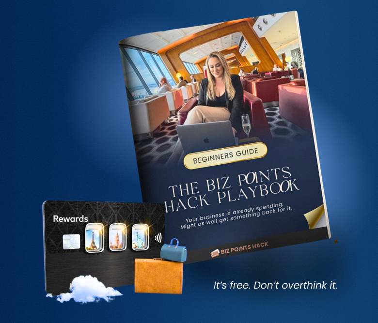 The Biz Points Hack Playbook — a beginner's guide book mockup with a rewards card, luggage tag and gift box