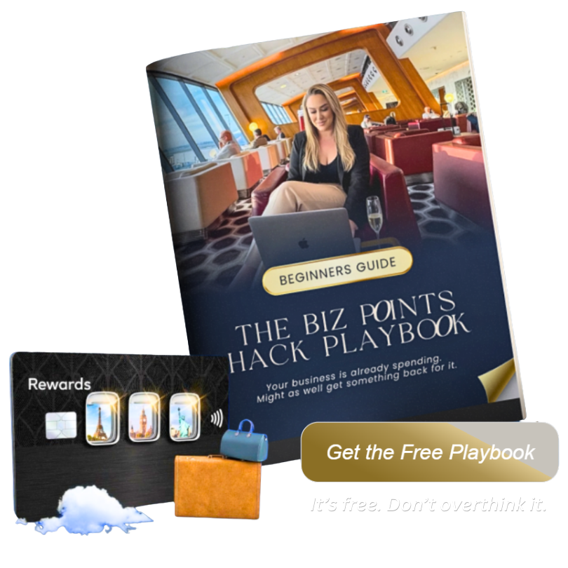 The Biz Points Hack Playbook, a beginner's guide book mockup with a rewards card, luggage tag and gift box, with a Get the Free Playbook button