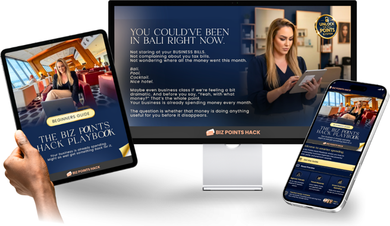 Laptop and phone mockup showing the Biz Points Hack Playbook and points unlock screen